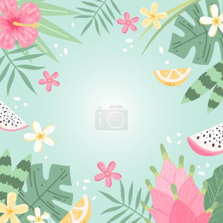 Téléchargez les illustrations : Fond d'été avec des fleurs et des feuilles, hibiscus et plumeria. Illustration vectorielle colorée dessinée à la main - en licence libre de droit