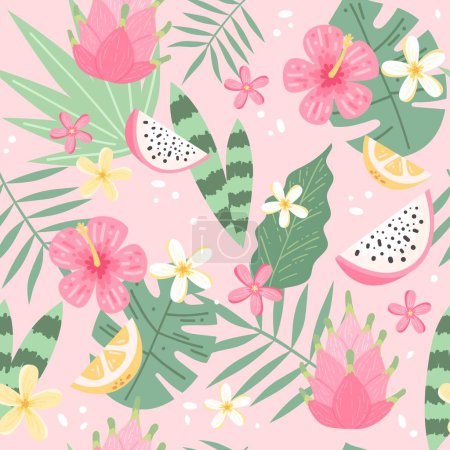 Ilustración de Hojas tropicales y flores patrones sin costura sobre fondo rosa claro, ilustración vectorial dibujada a mano - Imagen libre de derechos