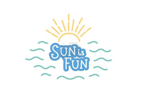 Foto de Sol es divertido, letras de verano con sol y olas, cita para los diseños de tarjetas y grabados. Ilustración vectorial dibujada a mano - Imagen libre de derechos