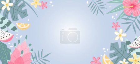 Téléchargez les illustrations : Fond d'été avec des fleurs et des feuilles, hibiscus et plumeria. Illustration vectorielle tendance colorée dessinée à la main - en licence libre de droit