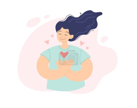 Illustration for Self help concept. Young positive woman with her hand on the chest swith heart, gratitude and peace. Vector illustration minimalist style - Royalty Free Image