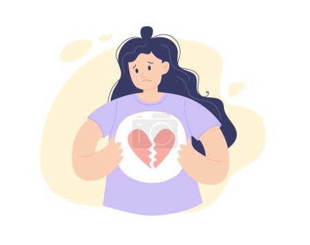 Illustration for Broken heart person. A sad woman with a broken heart in her chest, vector illustration minimalist style - Royalty Free Image