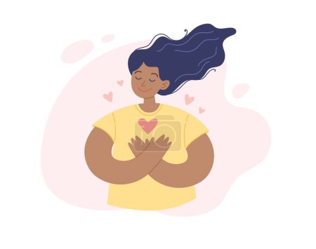 Illustration for Self help concept. Young positive african american woman with her hand on the chest, gratitude and peace. Vector illustration minimalist style - Royalty Free Image