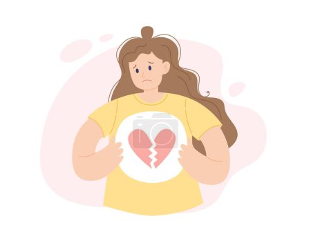 Ilustración de Persona con el corazón roto. Una mujer triste con el corazón roto en el pecho, ilustración plana vector de dibujos animados - Imagen libre de derechos