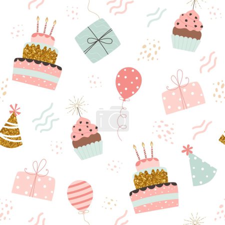 Téléchargez les illustrations : Joyeux anniversaire. Gâteaux, ballons, cadeaux et chapeaux de fête. Fond festif en illustration vectorielle de style simple - en licence libre de droit