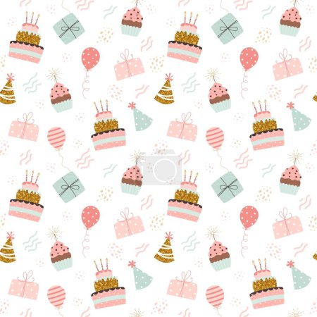 Ilustración de Feliz cumpleaños. Pasteles, globos, regalos y sombreros de fiesta. Fondo festivo en la ilustración de vectores de estilo simple - Imagen libre de derechos