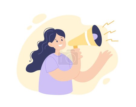 Illustration for Woman with megaphone speaking. Female character concept of announcement, advertising, promotion, flat cartoon vector illustration. - Royalty Free Image