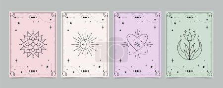 Illustration for Tarot cards set - esoteric mystical deck design with spiritual symbols. Vector illustration template in boho style - Royalty Free Image