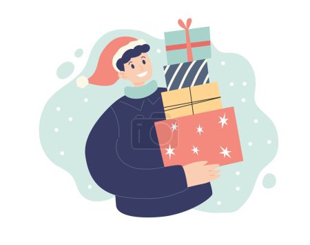 Téléchargez les illustrations : Un homme aux cadeaux de Noël. Concept d'hiver festif. Illustration vectorielle style simple - en licence libre de droit