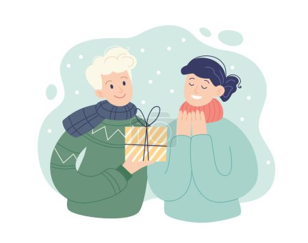 Ilustración de La Navidad presenta el concepto. Hombre dándole un regalo a una mujer. Ilustración vectorial estilo simple - Imagen libre de derechos