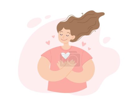 Illustration for Self help concept. Young positive woman with her hand on the chest with heart, gratitude and peace. Vector illustration minimalist style - Royalty Free Image