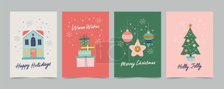 Ilustración de Conjunto de tarjetas navideñas con decoraciones y caligrafía. Lindo y elegante vector plantillas de ilustración estilo simple - Imagen libre de derechos