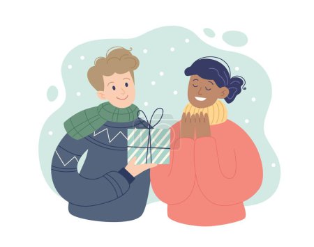 Téléchargez les illustrations : Noël présente concept. Un homme offrant un cadeau à une femme. Illustration vectorielle style simple - en licence libre de droit