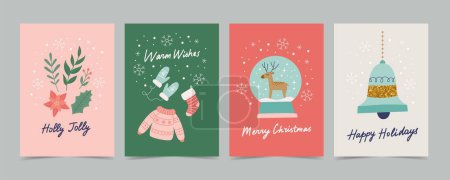 Ilustración de Conjunto de tarjetas navideñas con decoraciones y caligrafía. Lindo y elegante vector plantillas de ilustración estilo simple - Imagen libre de derechos