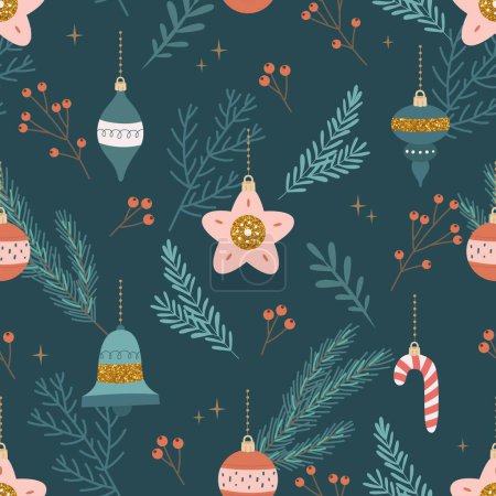 Illustration for Christmas seamless pattern with tree decorations. Seasonal winter design. Cute vector illustration flat cartoon style - Royalty Free Image