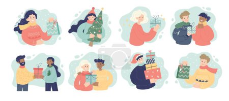Illustration for People with Christmas presents. Happy men, women and couples with gifts. Vector illustration simple style - Royalty Free Image
