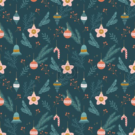 Illustration for Christmas seamless pattern with tree decorations. Seasonal winter design. Cute vector illustration flat cartoon style - Royalty Free Image