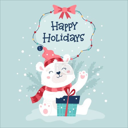 Illustration for Polar bear Christmas card, cute character wearing hat and scarf holding present. Hand drawn lettering, Vector illustration - Royalty Free Image