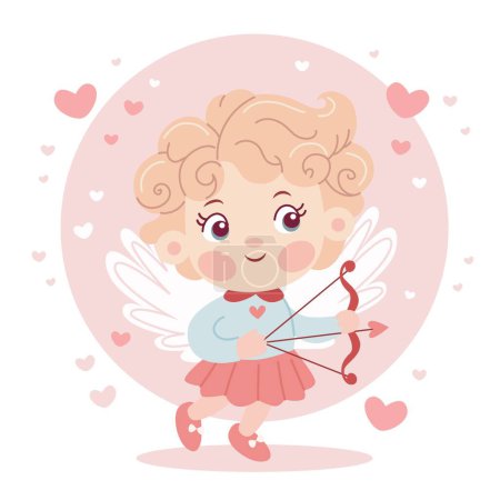 Téléchargez les illustrations : Mignon personnage de bébé Cupidon avec un arc, Saint-Valentin, couleurs pastel. Illustration vectorielle en style dessin animé plat - en licence libre de droit