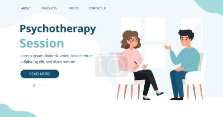 Illustration for Mental health concept - man talking to psychologist about his problems. Mental health banner or landing page template, vector illustration - Royalty Free Image