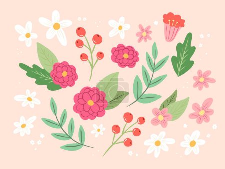 Illustration for Flower collection with leaves, spring flowers, botanical elements. Hand drawn vector illustration - Royalty Free Image