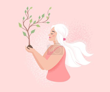 Illustration for Inner self and mindfulness concept. Woman holding a growing tree, mental health, self care or gardening. Vector illustration flat style - Royalty Free Image