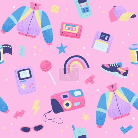 Illustration for 90s retro seamless pattern. Cute bright multicolor elements Vector illustration in trendy flat style - Royalty Free Image