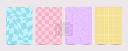 Illustration for Y2k retro background set. Colourful geometric wavy swirl chess, trendy trippy style. Vector illustration - Royalty Free Image