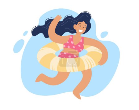 Ilustración de Travel destinations summer. Happy woman running with a swim ring, Concept vector illustration - Imagen libre de derechos