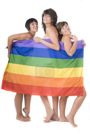 Photo for Group of women in love with lesbian rainbow flag - Royalty Free Image