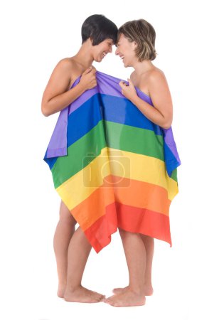 Photo for Couple of women in love with lesbian rainbow flag - Royalty Free Image