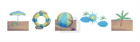 Foto de Icono 3D colección veraniega realizada aislada sobre el fondo blanco. Paraguas, boya salvavidas, bola de playa, sol, y el objeto del árbol de coco para su diseño. - Imagen libre de derechos