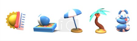Foto de Icono 3D colección veraniega realizada aislada sobre el fondo blanco. Sol, bola, sombrilla de playa, cocotero y boya salvavidas para su diseño. - Imagen libre de derechos