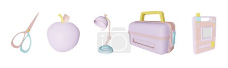 Foto de Icono 3D de vuelta a la colección escolar renderizado aislado en el fondo blanco. tijera, manzana, lámpara de mesa, lonchera, y nombre etiqueta objeto para su diseño. - Imagen libre de derechos
