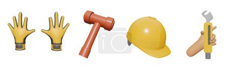Foto de Icono 3D de la colección del día de trabajo renderizado aislado en el fondo blanco. guante de trabajador, martillo, sombrero de construcción, y la mano que sostiene el objeto de la llave para su diseño. - Imagen libre de derechos