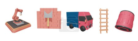 Foto de Icono 3D de la colección del día de trabajo renderizado aislado en el fondo blanco. robot industrial, pared de ladrillo, camión de reparto, escalera y objeto de barril de petróleo para su diseño. - Imagen libre de derechos