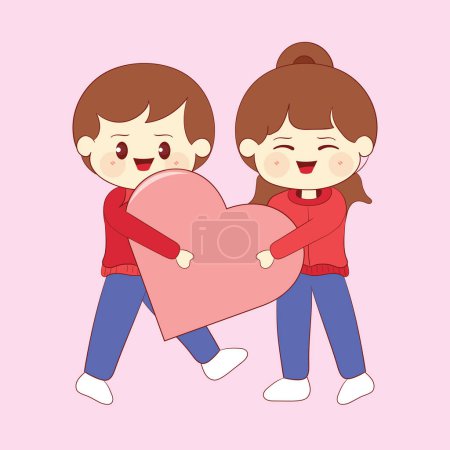 Foto de Illustration of cute cartoon character Couple of Lovers holding red heart together on Valentine day - Imagen libre de derechos