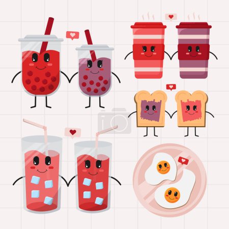 Foto de Kawaii cute valentine food and drink character collections flat illustration simple cute and elegant vector design - Imagen libre de derechos