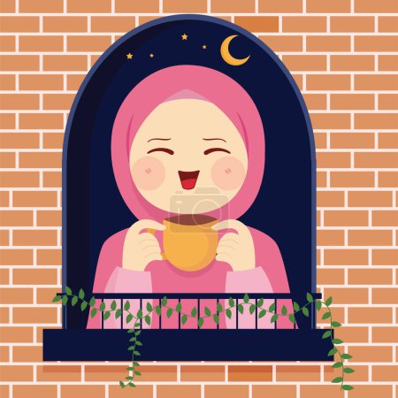 Foto de Cute Muslim cartoon in front of the window is enjoying the night of Ramadan with a beautiful and cool atmosphere flat vector illustration - Imagen libre de derechos