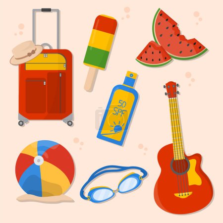 Foto de 7 ilustraciones icono de verano conjunto aislado en el fondo de color. bolsa de viaje, helado, sandía, protector solar, bola, gafas de buceo y objetos de guitarra para su diseño. - Imagen libre de derechos