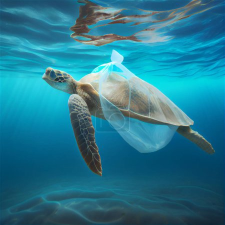 Photo for Sea turtle swimming with plastic bag. Underwater animals harm made by garbage in water. Tortoise stuck in plastic bag, ecological catastrophe. Plastic pollution in ocean, environmental problem - Royalty Free Image