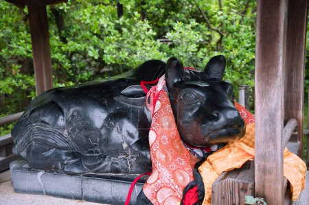 Die Statue eines Ochsen im Schrein Kitano-Tenmangu. Kyoto-Japan    