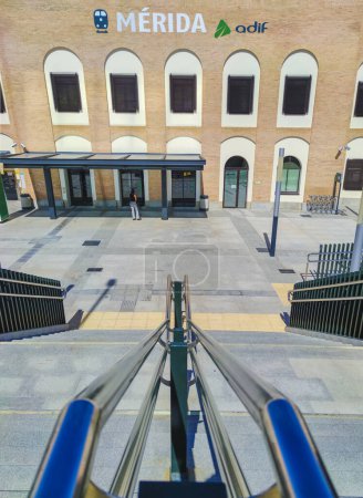 Foto de Merida, Spain - Setp 18th, 2021: Merida train station stairs access. Chrome handrails - Imagen libre de derechos