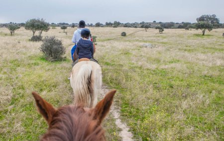 Photo for Horse riding route through Dehesa contryside. Scene viewed from horseback - Royalty Free Image