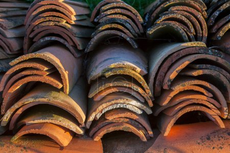 Photo for Piled of used mediterranean roof tiles with sunrise sun. Selective focus - Royalty Free Image