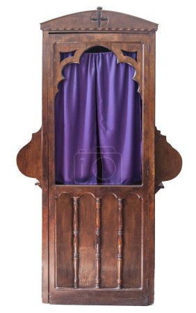 Photo for Wooden confessional, stall in which the priest hear the confessions of penitents. Isolated over white background - Royalty Free Image