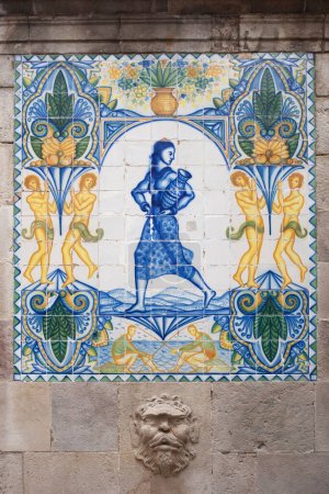 Photo for El Font de Santa Ana. Barcelonas Oldest Fountain, Spain. Tile glazed wall and relief - Royalty Free Image