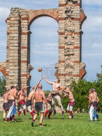 Photo for Merida, Spain - June 3th, 2023: Harpastum match re-enactment, ancient roman football. Emerita Ludica Festival, Merida, Spain - Royalty Free Image