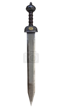 Photo for Gladius hispaniensis with richly decorated handle. Ancient military personal equipment replica - Royalty Free Image