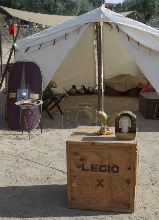 Photo for Merida, Spain - Oct 9th, 2021: Roman Legio X Equestris camp tent. Emerita Ludica Festival 2021, Merida, Spain - Royalty Free Image